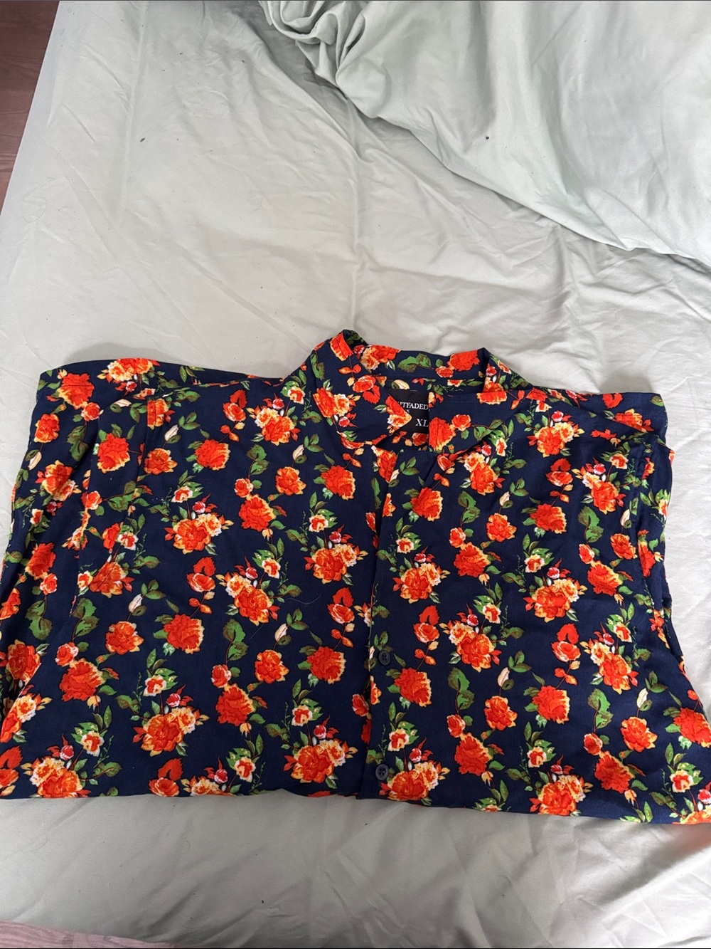 Men's Navy Floral Button-Down Shirt with Orange Rose Print